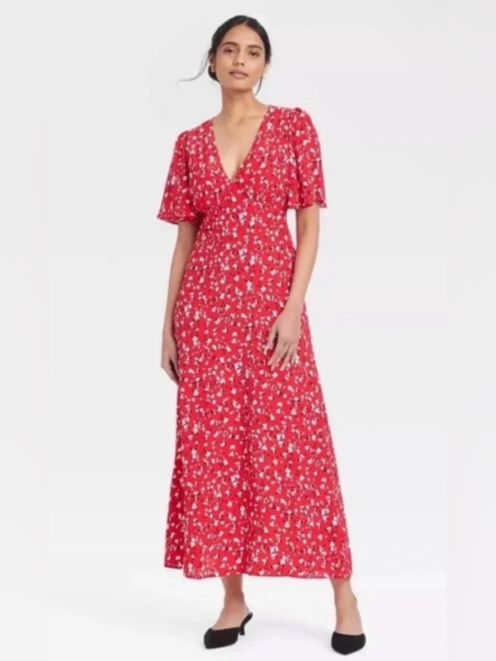 A New Day Red Floral V-Neck Maxi Sundress. Size 17